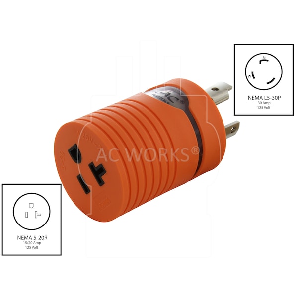 Ac Works Adapter L5-30P 30A 125V Plug to 5-15/20R 15/20A Household T-Blade Connector - ADL530520