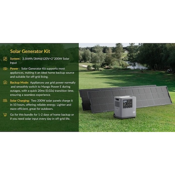 Mango Power E 3.5kw Portable Power Station- Solar Generator Kit with 2x200W  Solar Panels - MPE2x36V/200WSP