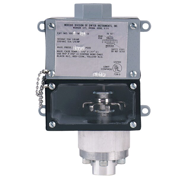 Interruptor de presión a prueba de intemperie de Dwyer Instruments, rango ajustable de 50-350 psig, banda muerta aproximada fija de 15 psig. - 1006W-A1-D