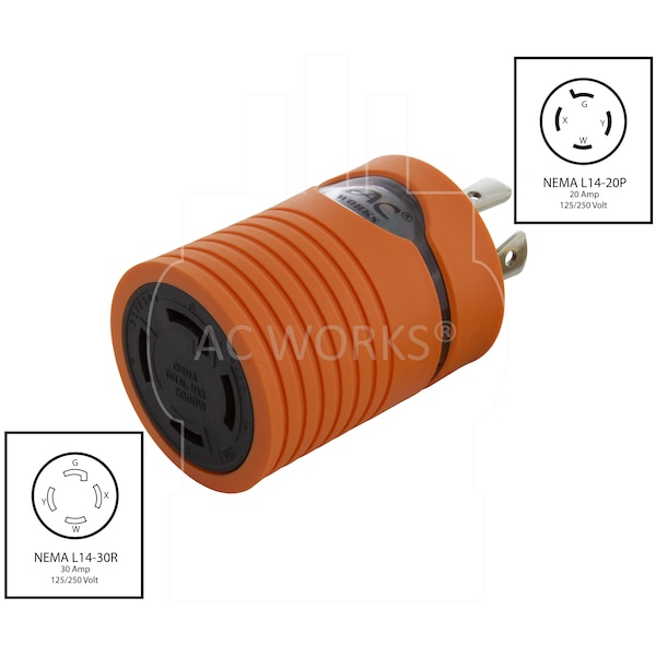 Ac Works 20A 4-Prong 125/250V L14-20P Plug to L14-30R 30A 4-Prong 125/250V Connector - ADL1420L1430