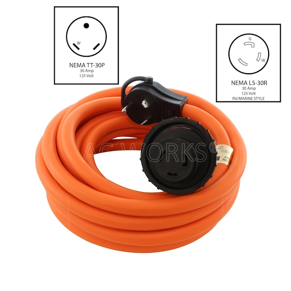 Ac Works 25ft RV 30A TT-30P Plug to 30A L5-30R RV/Marine Detachable Power Supply Cord - RVTTM30-025