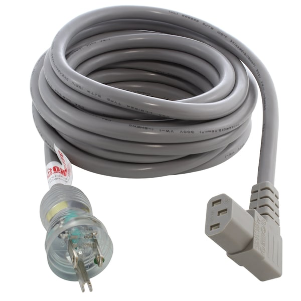 Ac Works 20ft 14/3 15A Medical Grade Power Cord with Right Angle IEC C13 Connector - MD15ARC13-240