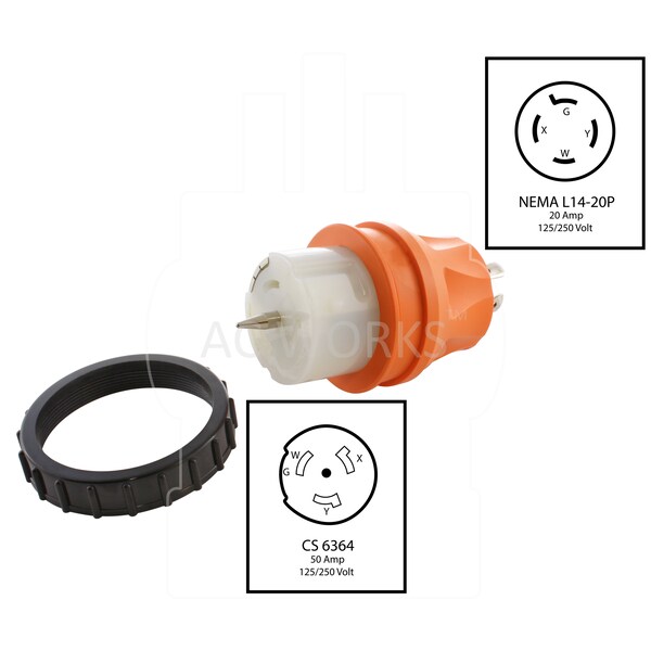Ac Works Transfer Switch/Temp Power L14-20P 20A 4-Prong Plug to CS6364 50A Connector - ADTEL1420