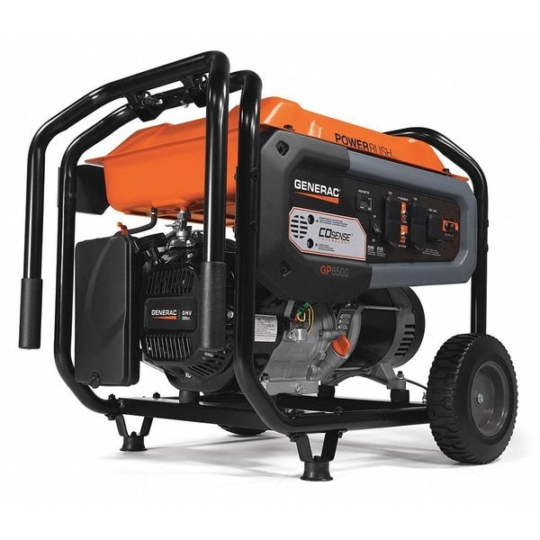 Generac Portable Generator, Gasoline, 6,500 W Rated, 8,125 W Surge, Recoil Start, 120/240V AC, 54.2/27.1 A - 7680