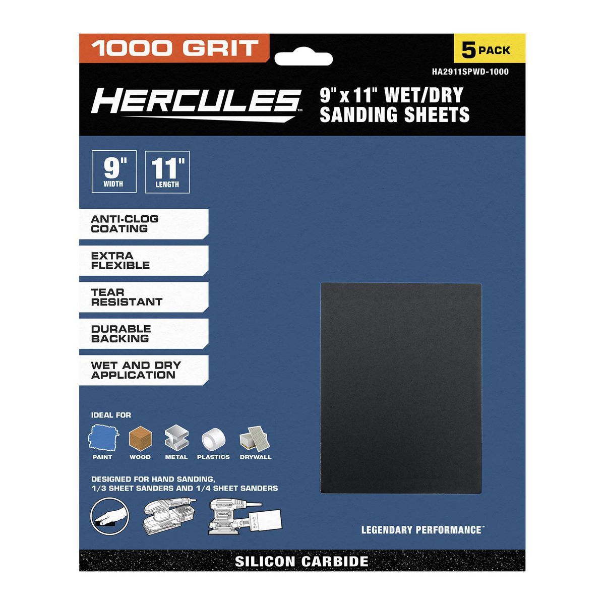 Hercules 9 pulgadas x 11 pulgadas Hojas de lija húmeda/seca de 1000 granos con grano de carburo de silicio, paquete de 5 - 58419