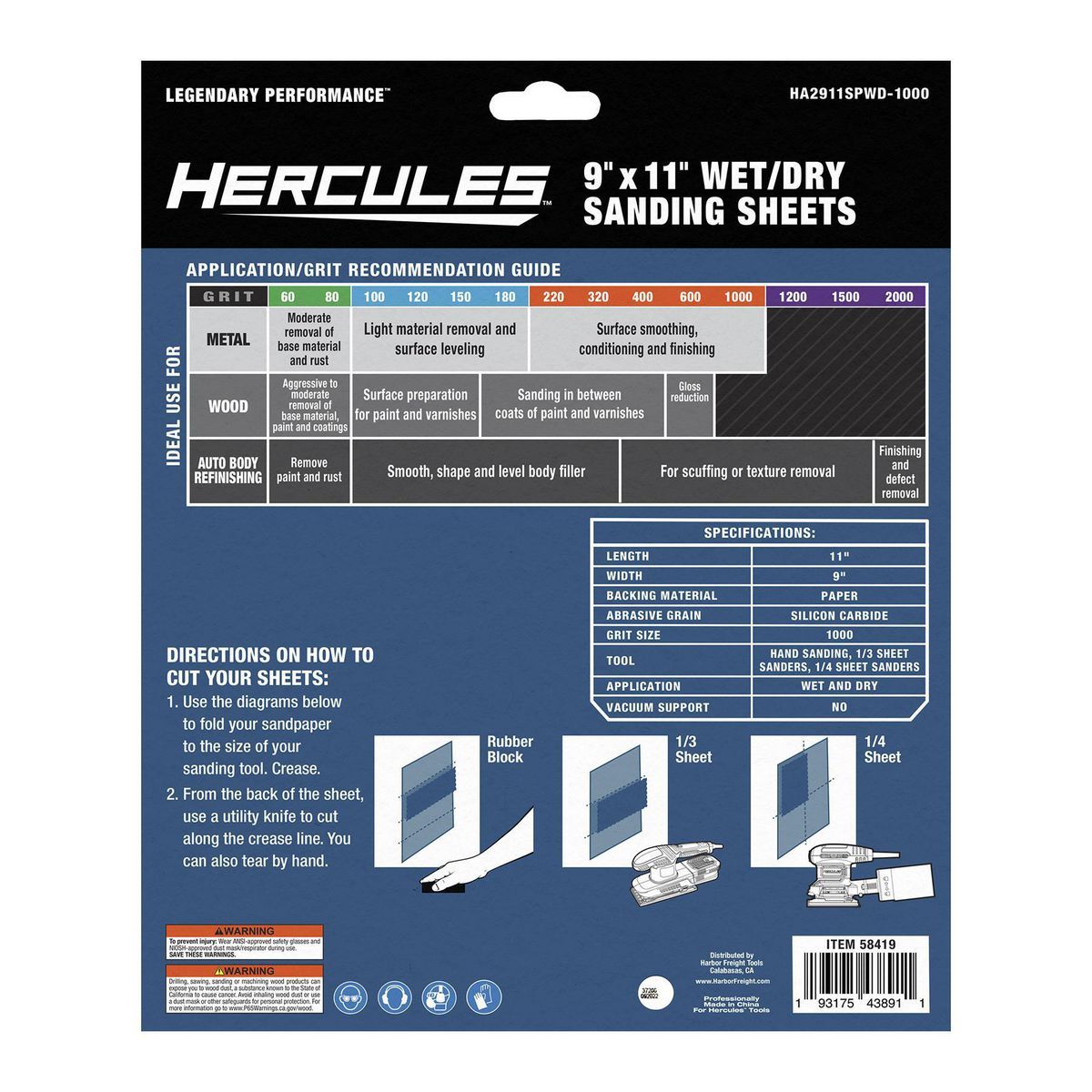 Hercules 9 pulgadas x 11 pulgadas Hojas de lija húmeda/seca de 1000 granos con grano de carburo de silicio, paquete de 5 - 58419