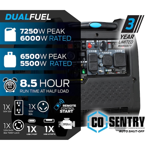 Pulsar Portable and Inverter Generator, 6,000 W/5,500 W Rated, 7,250 W/6,000 W Surge, 20 A A - PGDA70BISCO