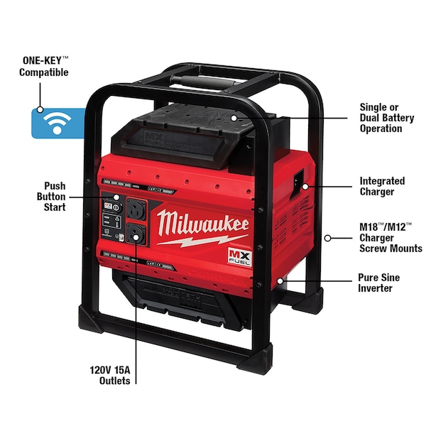 Milwaukee Tool Portable and Inverter Generator, 1,800 W Rated, 3,600 W Surge, 120V AC, 15 A A - MXF002-2XC