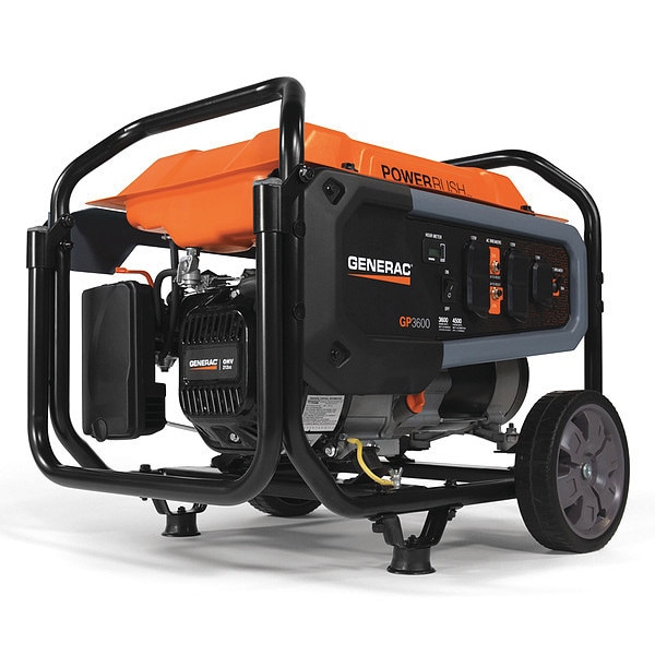 Generac Portable Generator, Gasoline, 3,600 W Rated, 4,500 W Surge, Recoil Start, 120V AC, 30 A - 7678
