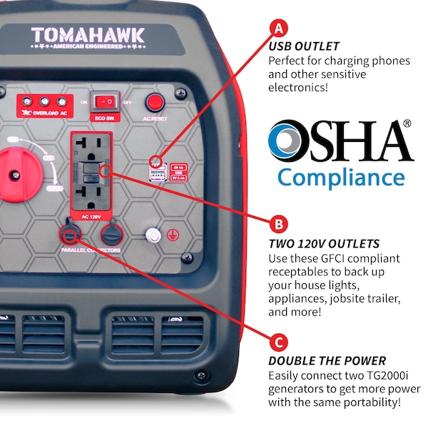 Tomahawk Power Portable Generator, Gasoline, 2,100 W Rated, 2,200 W Surge, 120V AC, 20 A - TG2000i