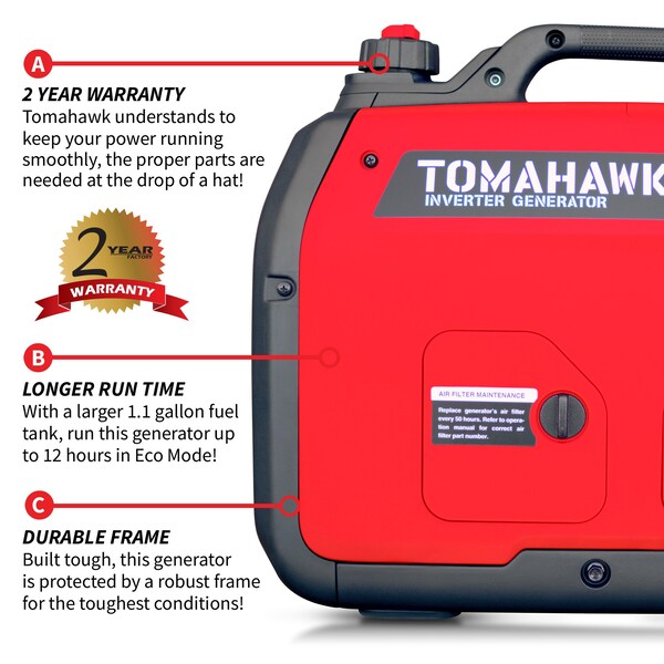 Tomahawk Power Portable Generator, Gasoline, 2,100 W Rated, 2,200 W Surge, 120V AC, 20 A - TG2000i
