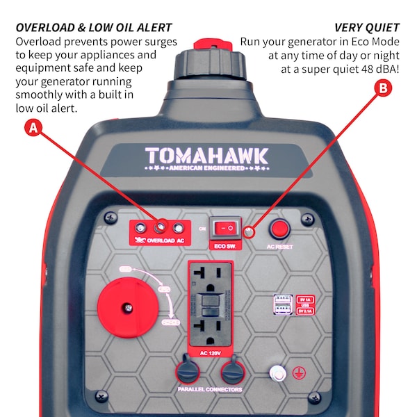 Tomahawk Power Portable Generator, Gasoline, 2,100 W Rated, 2,200 W Surge, 120V AC, 20 A - TG2000i
