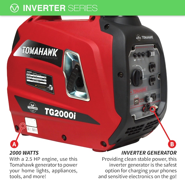Tomahawk Power Portable Generator, Gasoline, 2,100 W Rated, 2,200 W Surge, 120V AC, 20 A - TG2000i