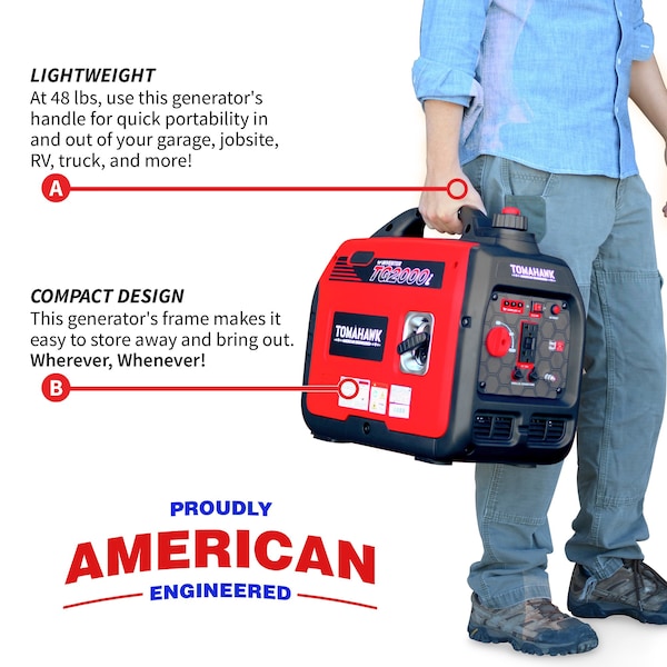 Tomahawk Power Portable Generator, Gasoline, 2,100 W Rated, 2,200 W Surge, 120V AC, 20 A - TG2000i