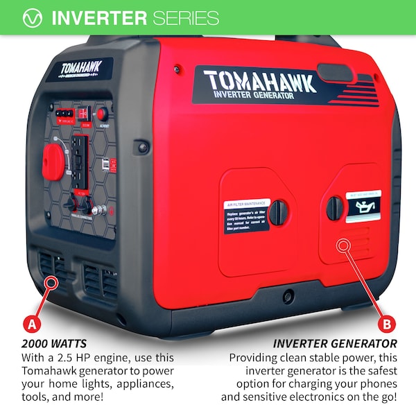 Tomahawk Power Portable Generator, Gasoline, 2,100 W Rated, 2,200 W Surge, 120V AC, 20 A - TG2000i