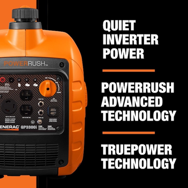 Generac Portable Generator, 2,500 W Rated, 3,300 W Surge, Recoil Start, 120V AC, 20.8 A - 7153