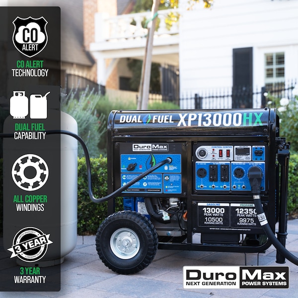 Duromax Portable Generator, Gasoline/Liquid Propane, 10,500 W/9,975 W Rated, 13,000 W/12,350 W Surge - XP13000HX