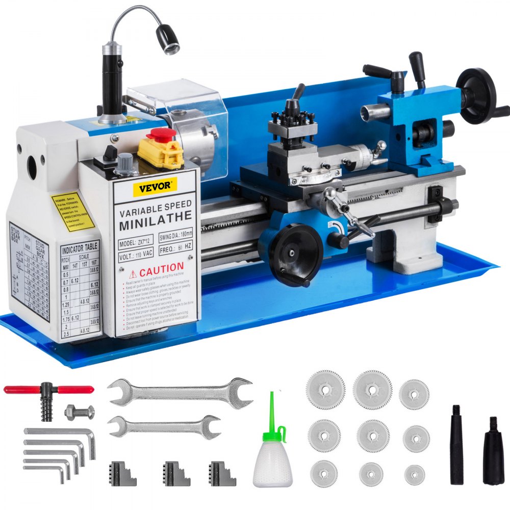 VEVOR Metal Lathe 7"x12",Precision Bench Top Mini Metal Lathe 550W, Metal Lathe Variable Speed 50-2500 RPM Nylon Gear With A Movable Lamp for Precision Parts Processing - JSMNCC0618-3BYS01V1