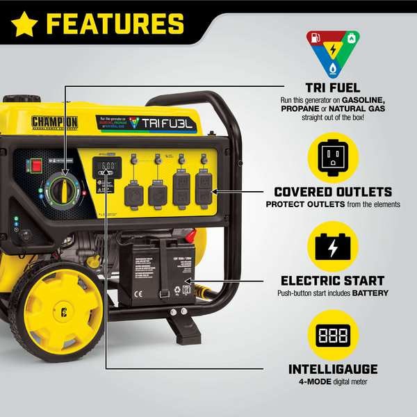 Champion Power Equipment Portable Generator, Gasoline/Natural Gas/Propane, 8,000 W Rated, 10,000 W Surge, 120/240V AC - 100416