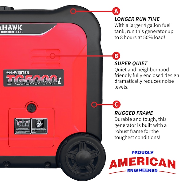 Tomahawk Power Portable and Inverter Generator, Gasoline, 5,000 W Rated, 5,500 W Surge, 120V AC, 30/20 A - TG5500i
