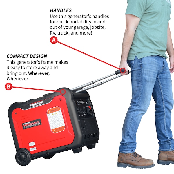 Tomahawk Power Portable and Inverter Generator, Gasoline, 5,000 W Rated, 5,500 W Surge, 120V AC, 30/20 A - TG5500i