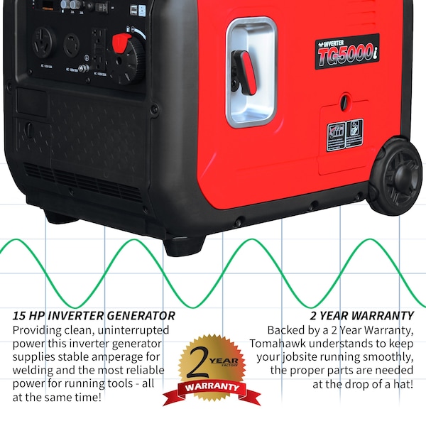 Tomahawk Power Portable and Inverter Generator, Gasoline, 5,000 W Rated, 5,500 W Surge, 120V AC, 30/20 A - TG5500i