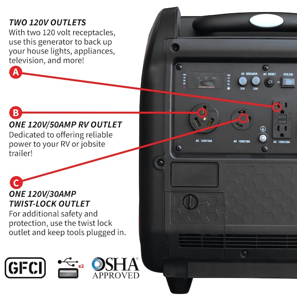 Tomahawk Power Portable and Inverter Generator, Gasoline, 5,000 W Rated, 5,500 W Surge, 120V AC, 30/20 A - TG5500i