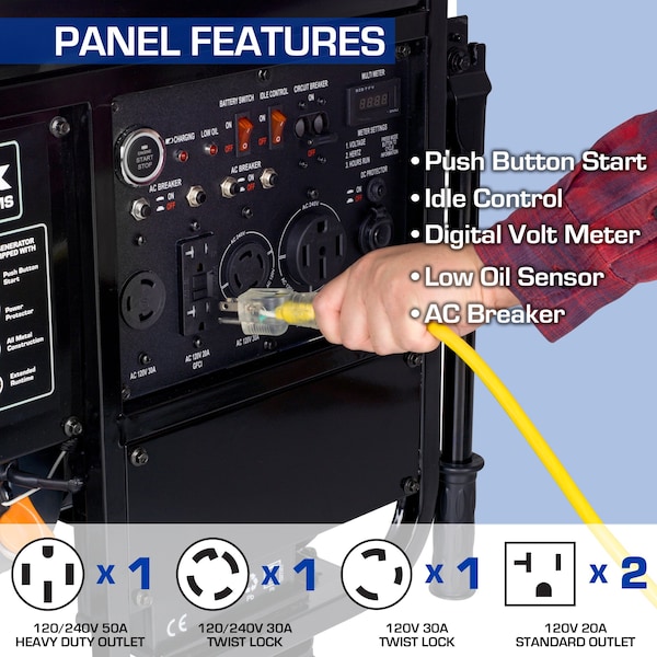 Duromax Portable Generator, Gasoline, 10,500 W Rated, 13,000 W Surge, Electric Start, 120/240V AC - XP13000E