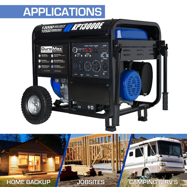 Duromax Portable Generator, Gasoline, 10,500 W Rated, 13,000 W Surge, Electric Start, 120/240V AC - XP13000E