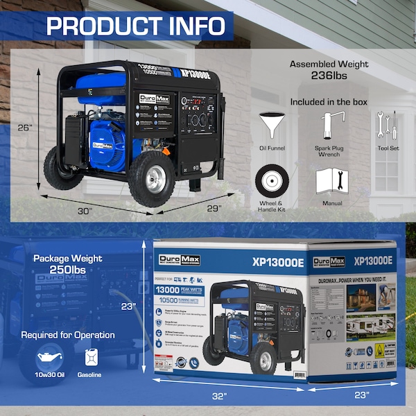 Duromax Portable Generator, Gasoline, 10,500 W Rated, 13,000 W Surge, Electric Start, 120/240V AC - XP13000E