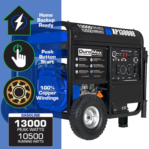 Duromax Portable Generator, Gasoline, 10,500 W Rated, 13,000 W Surge, Electric Start, 120/240V AC - XP13000E