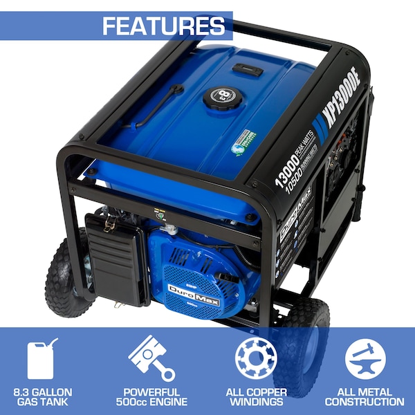 Duromax Portable Generator, Gasoline, 10,500 W Rated, 13,000 W Surge, Electric Start, 120/240V AC - XP13000E
