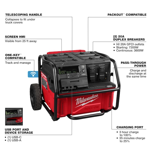Milwaukee Tool Portable Generator, 3600W Rated, 7200W Surge, 120V, 15A A - 3300R