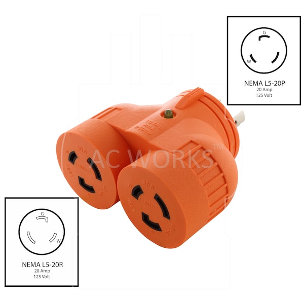 Ac Works Adapter L5-20P 20A 125V 3-Prong Plug to Two L5-20R 20A 125V Connectors - ADVL520L520
