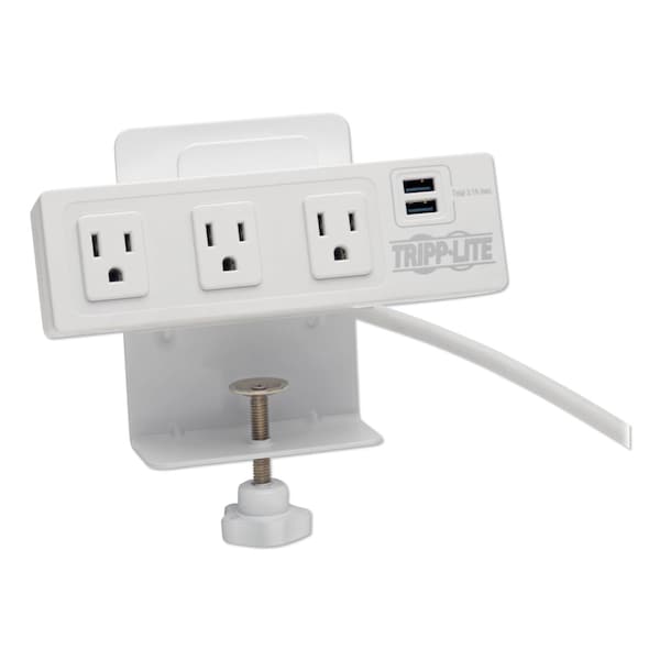 Tripp Lite Surge Protector, 3 AC Outlets/2 USB Ports, 10 ft Cord, 510 J, White - TLP310USBCW