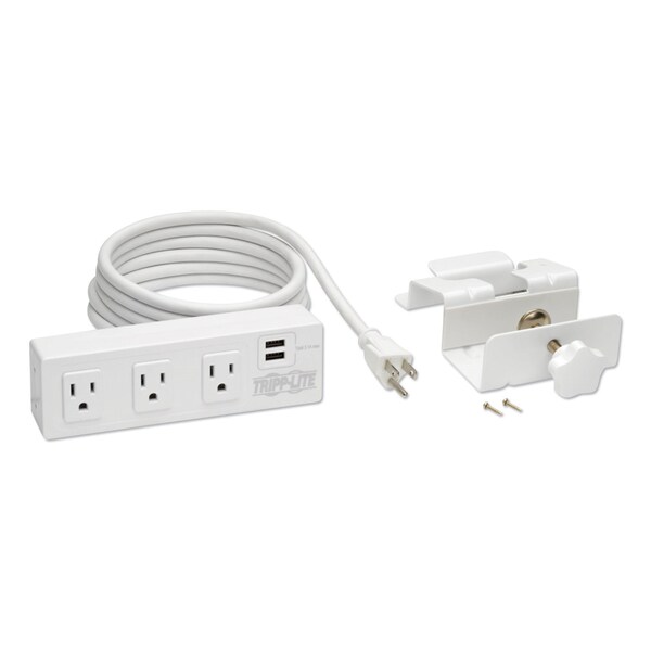 Tripp Lite Surge Protector, 3 AC Outlets/2 USB Ports, 10 ft Cord, 510 J, White - TLP310USBCW