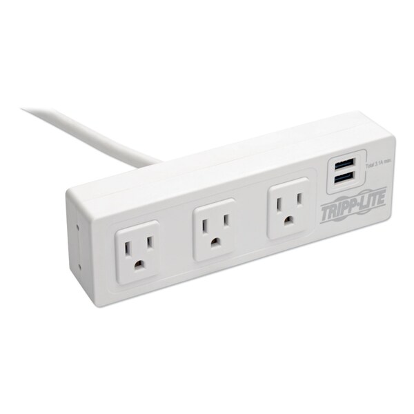 Tripp Lite Surge Protector, 3 AC Outlets/2 USB Ports, 10 ft Cord, 510 J, White - TLP310USBCW