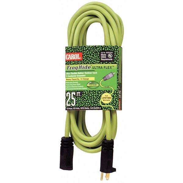 Carol SJOW Extension Cord, 14 AWG, Outdoor, 14/3, 1 Outlets, 5-15R, Green, Rubber, 5-15P, 25 ft - 06425.63.06L
