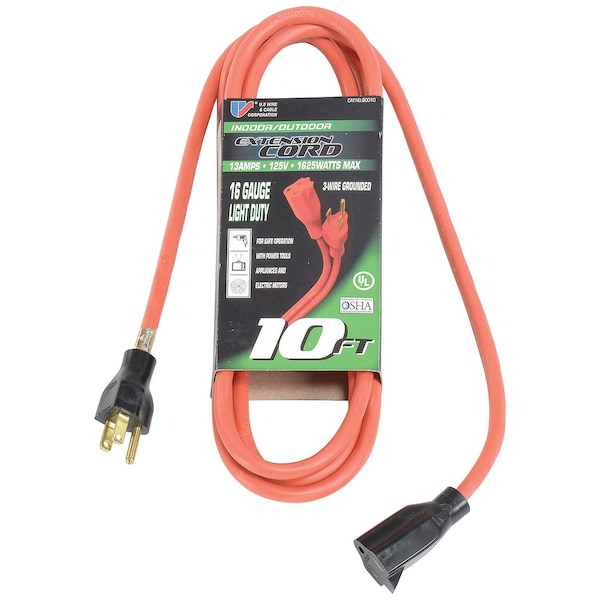 U.S. Wire & Cable SJTW Extension Cord, 16 AWG, Indoor/Outdoor, 16/3, Orange, 10 ft - 60010*****##*