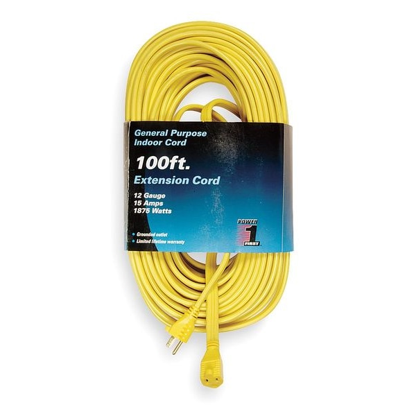 Power First SPT-3 Extension Cord, 12 AWG, Indoor, 12/3, 1 Outlets, 5-15R, Yellow, PVC, 5-15P, 100 ft - 1FD63