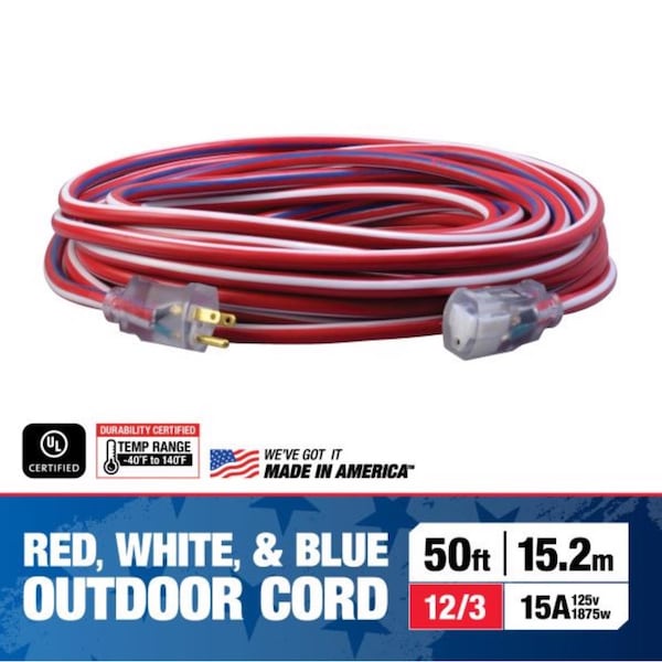 Coleman Cable SJTW Extension Cord, 12 AWG, Indoor/Outdoor, 12/3, 50 ft - 2548SWUSA1