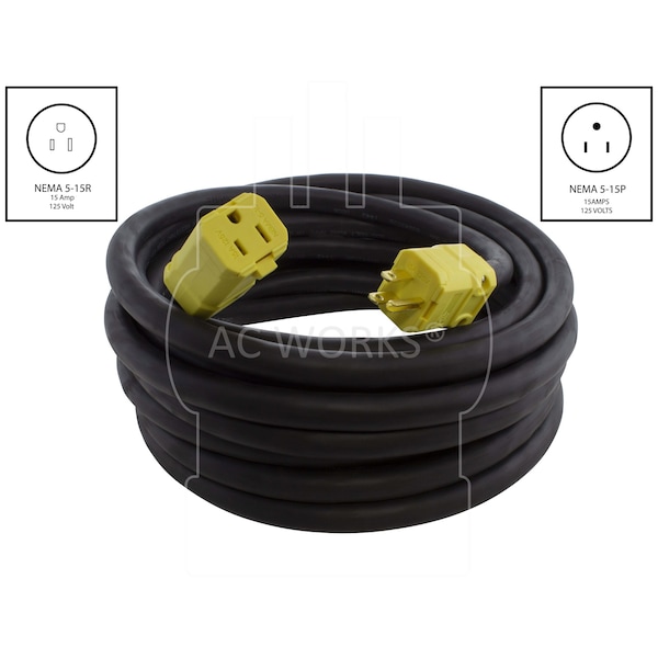 Ac Works SOOW; Cold Weather Extension Cord, 10 AWG, Indoor/Outdoor, 10/3, 1 Outlets, Black, Rubber, Nylon - SD515PR-025