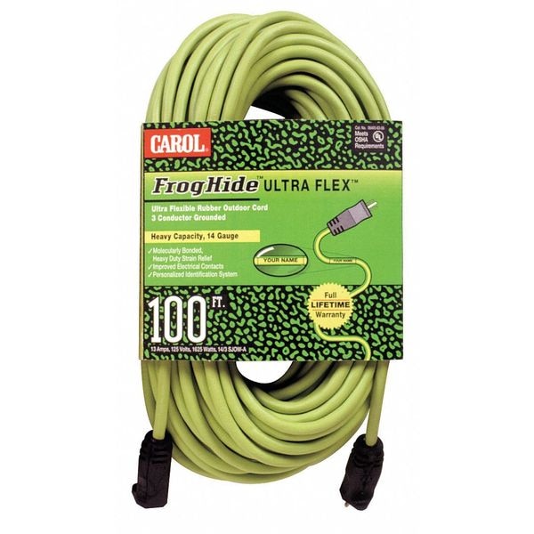 Carol SJOW Extension Cord, 14 AWG, Outdoor, 14/3, 1 Outlets, 5-15R, Green, Rubber, 5-15P, 100 ft - 06400.63.06L