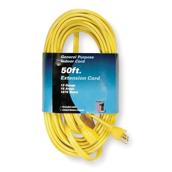 Power First SPT-3 Extension Cord, 12 AWG, Indoor, 12/3, 1 Outlets, 5-15R, Yellow, PVC, 5-15P, 50 ft - 1FD62