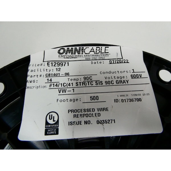 Omnicable 41STR TC SIS 90C GRAY 600V 1C 14AWG 500FT WIRE - C81401-06