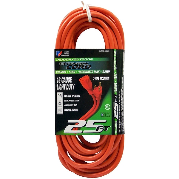 U.S. Wire & Cable SJTW Extension Cord, 16 AWG, Indoor/Outdoor, 16/3, Orange, 25 ft - 60025