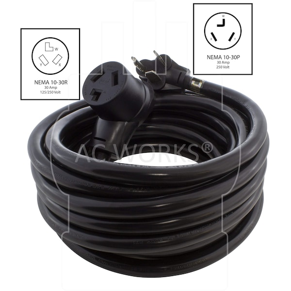 Ac Works STW; Cold Weather Extension Cord, 10 AWG, Indoor/Outdoor, 10/3, 1 Outlets, 10-30R, Black, PVC - 1030PR-025
