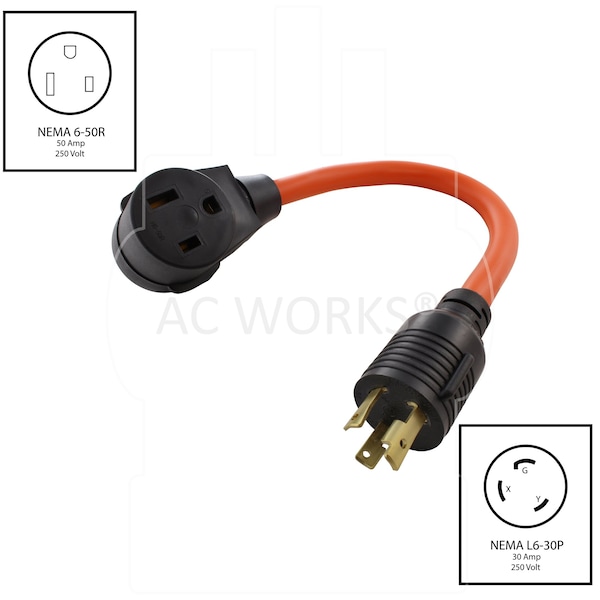 Ac Works 1.5FT L6-30P 30A 250V Locking Plug to 6-50 Welder Connector - WDL630650-018