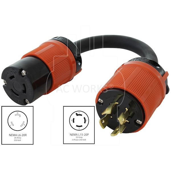 Ac Works 1ft 3-Phase 20A 250V L15-20P 4-Prong Plug to L6-20R Locking 20A 250V Connector - L1520L620-012