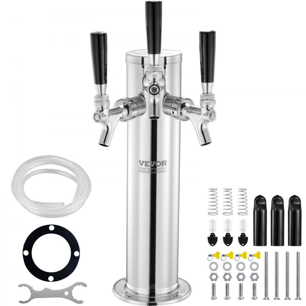 VEVOR Triple Taps Draft Beer Tower Dispenser, Stainless Steel Keg Beer Tower, Kegerator Tower Kit with Pre-Assembled Tubing and Self-Closing Faucet Shanks for Party, Bar, Pub, Restaurant - LTJZSLTW0000YSVLCV0